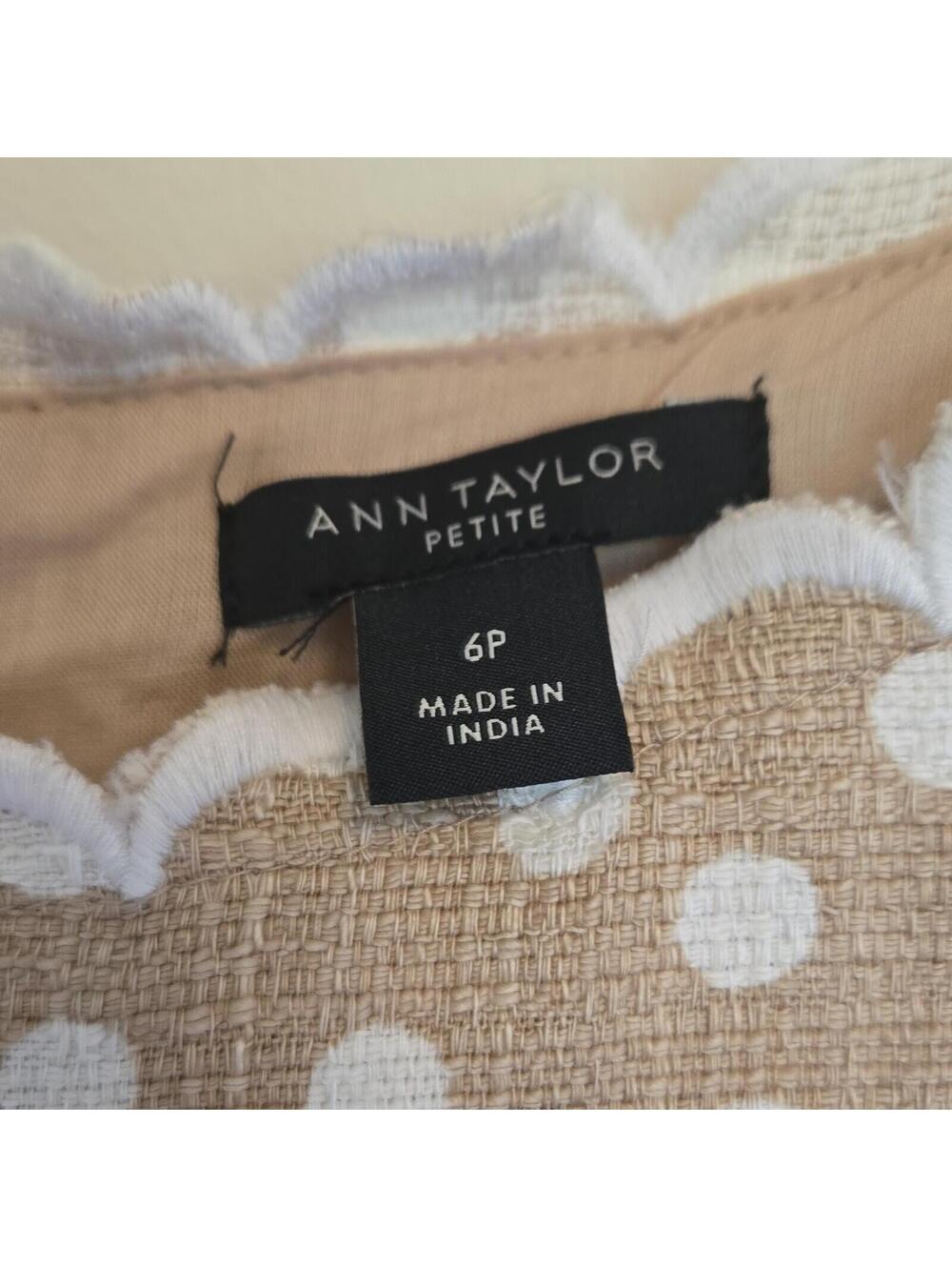 NWOT Ann Taylor Petite 6P Beige White Polka Dot Sheath Dress Scallop Neck Office - Picture 3 of 7